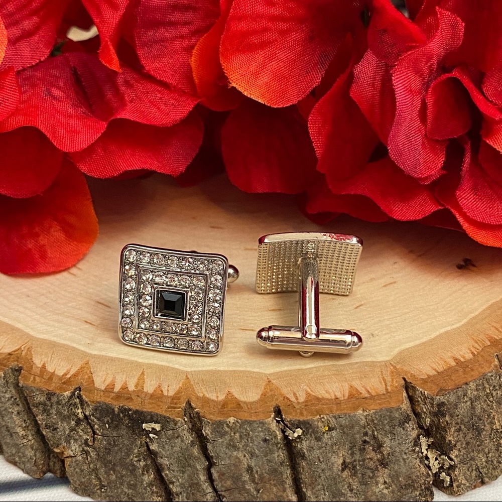 Square Cufflinks with Black & Silver Crystals - Picture 13 of 16